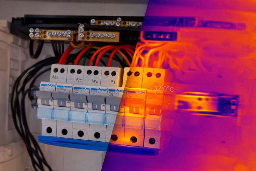 Thermal camera scan of a switchboard showing heat build-up